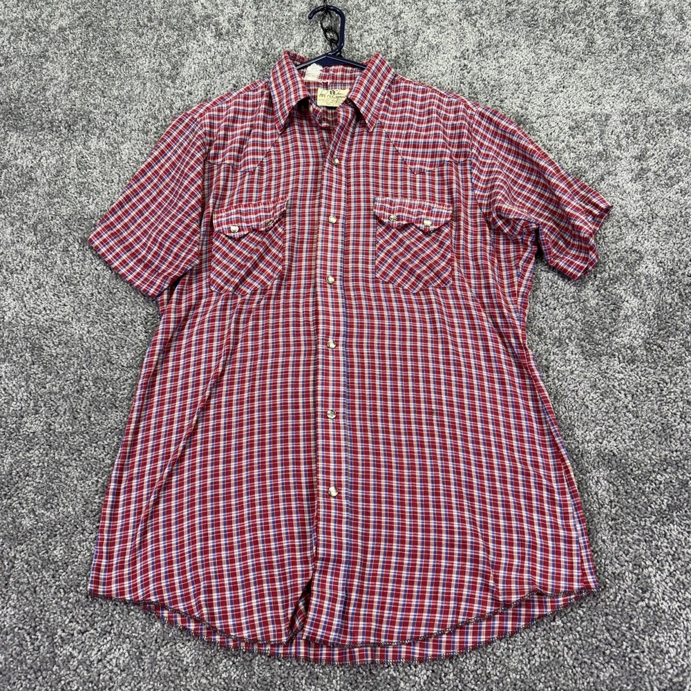 Vtg Dee Cee Brand Shirt Mens Medium Red Plaid Short Sleeve Snap Western USA